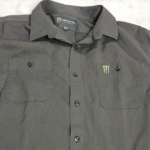 Monster Energy Mens XL Shirt Black Embroidered Short Sleeve Button Up Moto Y2k - Picture 1 of 8